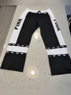 Victoria's Secret PINK Logo Band Yoga Wide Leg  Pants Black and White Large